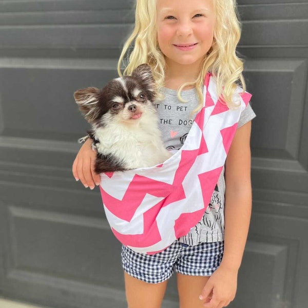 Kid's Pet Sling Carrier- Safe to carry Small Breeds of Dogs, Bunny, Guinea Pig, Puppy, Cat, or any Small Pet - with Harness Safety Clip