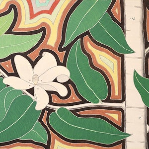 May include: A stylized illustration of a white flower with green leaves and a brown stem. The background is a colorful abstract pattern of brown, orange, yellow, and green.