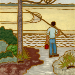 May include: A painting of a person standing on a beach with a fishing pole and a bucket. The person is wearing blue jeans and a light blue shirt. The beach is sandy with a few waves in the water. There is a large pine tree in the background.