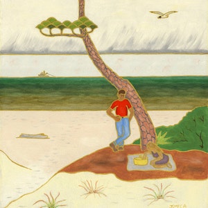 May include: A painting of a man and a woman having a picnic under a large green tree with a blue sky and white clouds in the background. The man is wearing a red shirt and blue jeans. The woman is wearing a purple dress. They are sitting on a red and white blanket with a yellow picnic basket.