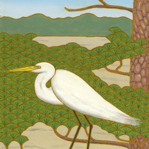 May include: A white egret with a yellow beak stands on a branch of a brown tree. The egret is perched on a branch over a green and gold landscape. The background includes a blue sky and green hills.