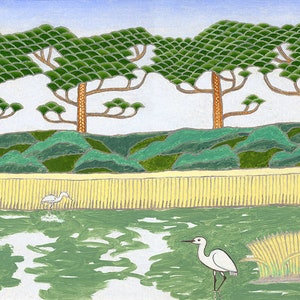 May include: A painting of a pond with two white birds standing in the water. The pond is surrounded by a yellow fence and green bushes. There are three green trees in the background.