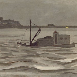 May include: A grayscale painting of a small boat on a choppy sea at night. The boat has a small cabin and a mast with a single sail. The shore is visible in the distance, and a light shines from a structure on the shore.