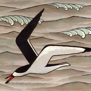 May include: A black and white stylized bird with a red beak flies over a stylized ocean with green waves. The bird is in mid-flight, with its wings spread out and its head tilted down. The ocean is depicted with a series of overlapping waves, each with a green crest.