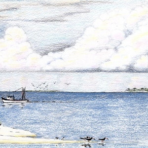 May include: A pencil drawing of a white boat with a black hull sailing on a blue body of water. The boat is in the foreground of the image, and the background shows a shoreline with trees and a cloudy sky.