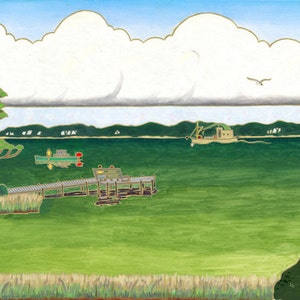 May include: A painting of a green grassy landscape with a body of water in the background. The water has a small boat and a sailboat in it. There are trees on the left side of the painting and a dock on the right side.