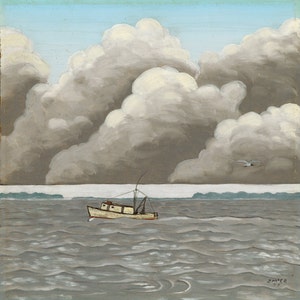 May include: A painting of a small white boat with a brown roof sailing on a gray sea with large gray clouds in the sky. The painting is signed "JMCA 77" in the lower right corner.