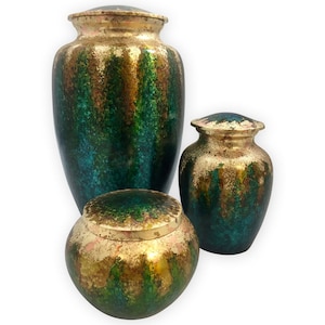 Hand Painted Green and Blue Cremation Urn, Jewel Toned Cremation Urn, Green Cremation Urn, Gold Cremation Urn