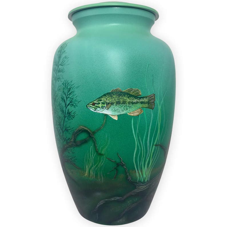 Detailed hand painted fish set in underwater scene are featured on this hand painted adult-sized cremation urn.