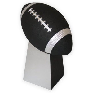 Unique sculpted football cremation urn featuring a football atop a base that holds the cremains.  Offered in colors of your choice such as black and silver, navy and gold, black and yellow, etc.  A perfect memorial for ashes for your football fan.