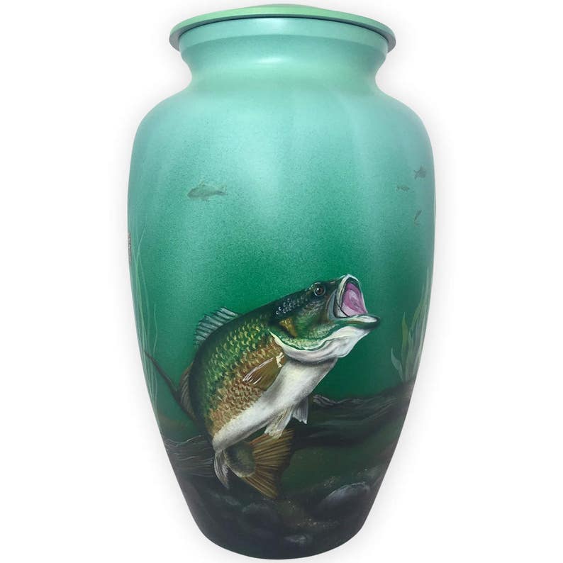 Beautiful hand painted cremation urn featuring underwater scene with bass and trout.  This metal cremation urn is a perfect memorial to your angler or fisherman or woman.