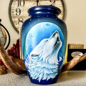 Hand Painted Howling Wolf Cremation Urn: Wolf & Moon Memorial