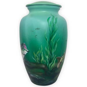 Adult-sized metal cremation urn featuring tranquil underwater scene with bass, trout and other fish swimming idly by.  A beautiful memorial for your angler or fisherman/woman.