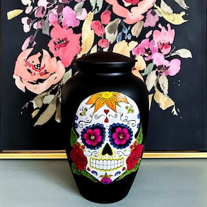 Skull Cremation Urn, Sugar Skull Cremation Urn, Hand Painted Urn, Unique Cremation Urn image 1