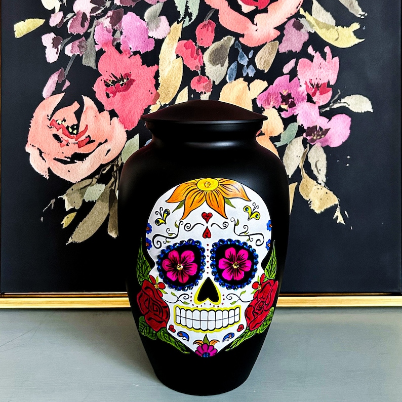 Skull Cremation Urn, Sugar Skull Cremation Urn, Hand Painted Urn, Unique Cremation Urn image 1