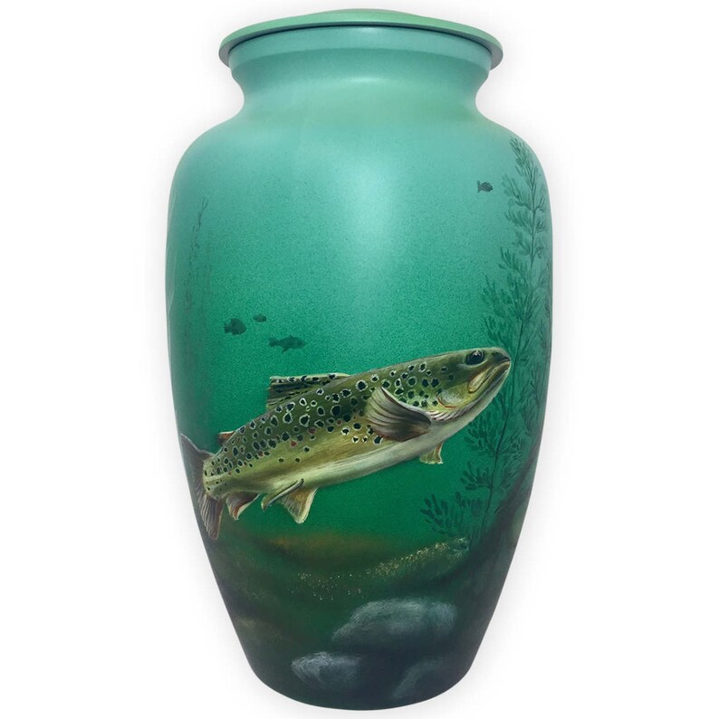 Trout, bass and other small fish adorn this adult-sized metal cremation urn.  This unique memorial celebrates your angler or fisherman/woman by featuring a tranquil underwater scene.