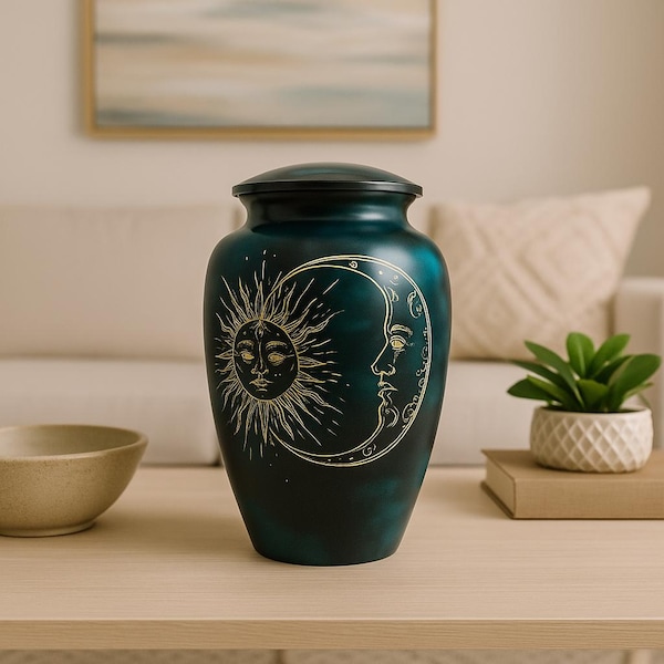 Urna de cremación con forma de sol y luna pintada a mano: Memorial celestial