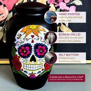 Skull Cremation Urn, Sugar Skull Cremation Urn, Hand Painted Urn, Unique Cremation Urn image 2