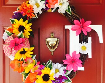 Spring wreaths - summer wreaths - monogrammed wreath - front door wreath - front door hanger - year round wreath - wreath with monogram
