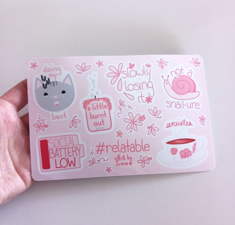 Relatable Sticker Designs Relatable Mental Health Sticker Sheet Introvert Themed Gifts Cat Snail ...