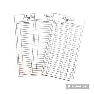 May include: Three white money tracker sheets with black text. Each sheet has a header that reads "Money Tracker" and columns for date, description, and amount. One sheet includes "Initial Amt" and "+/-" columns.