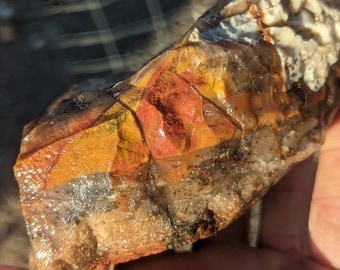 May include: A raw, unpolished rock specimen featuring a layered composition of translucent amber, opaque mustard yellow, and deep red mineral deposits. The surface displays a fractured, crystalline texture with visible inclusions and earthy brown tones.