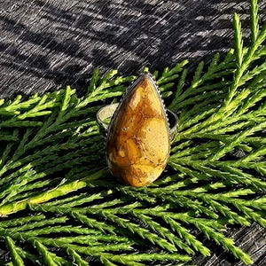 Könnte beinhalten: Silberring mit einem tropfenförmigen Edelstein. Der Stein zeigt eine Mischung aus braunen und beigen Farbtönen. Der Ring liegt auf einem Bett aus grünem Laub. Ein Schmuckstück.