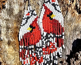 4 Inch Long Beaded Cardinal Earrings - Beadwork Red & White Birds