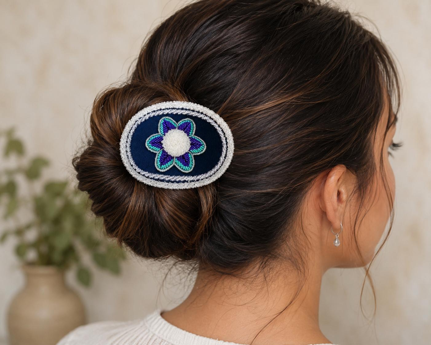 Raised Beadwork Velvet & Buckskin Large Hair Clip Barrette Ragalia