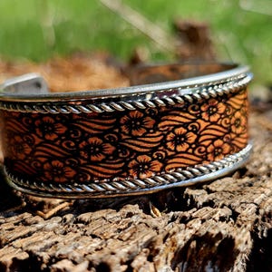 Leather Cuff Bracelet with Floral Design - Silver