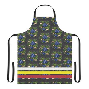 May include: A dark gray apron featuring a repeating pattern of blue blueberries with green leaves and pink flowers. The apron has black straps and a horizontal stripe design in white, yellow, and red.
