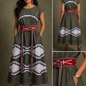 Indigenous Dress Base - Charcoal, Olive and White Adjustable Belt & Pockets - Ready for Personal Customization