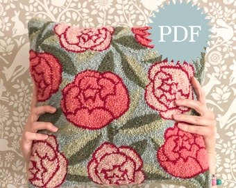DIGITAL GUIDE -- Peony Bloom Punch Needle Pillow, Rug Hooking Pattern