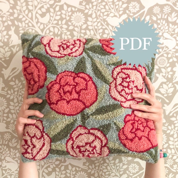 DIGITAL GUIDE -- Peony Bloom Punch Needle Pillow, Rug Hooking Pattern