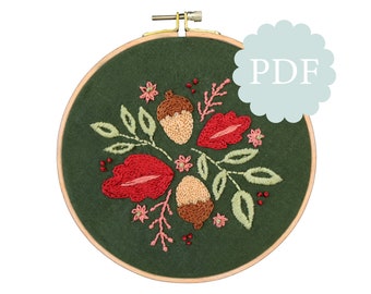 Fall Floral Embroidery Digital Guide | Acorns | Florals | Template | Pattern