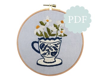 Flowers in a Teacup Digital Embroidery Guide | Pattern | Delft Teacup | Stitching