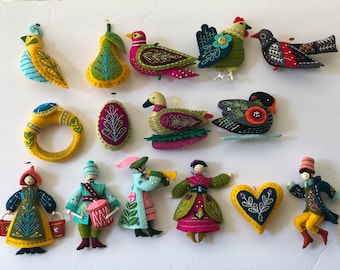 The Twelve Days Of Christmas - Felt Ornaments. Hand Crafted And Embellished. Made With European Pure Merino Wool. Heirloom Quality Finish!