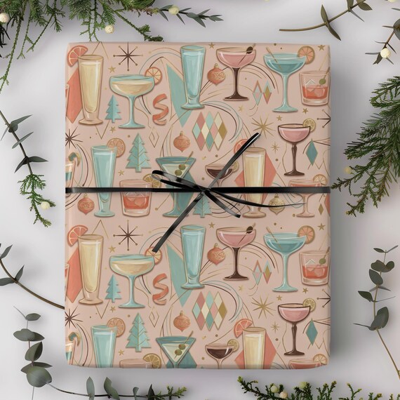Pastel Retro Holiday Cocktails Gift Wrap Roll | Mid Century Xmas Cocktail Drinks Wrapping Paper | Dreaming of a Pastel Christmas Collection