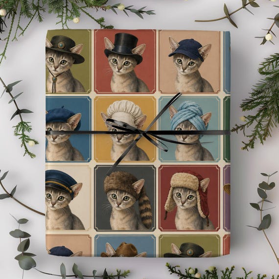 Cats in Hats Gift Wrap Roll | Whimsical Cat Lover Wrapping Paper | Large-Scale Pattern