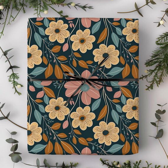 Vintage Floral Pattern Gift Wrap Roll | Yellow Pink Botanical Wrapping Paper