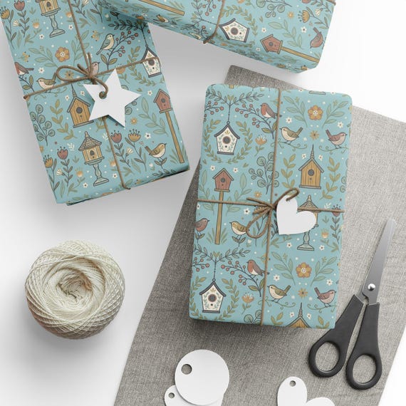 Birdhouse Floral Gift Wrap Roll | Scandinavian Garden Wrapping Paper | Large-Scale Pattern