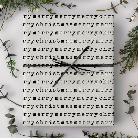Merry Christmas Script Gift Wrap Roll | Minimalist Xmas Wrapping Paper | Black and Ivory Holiday Presents