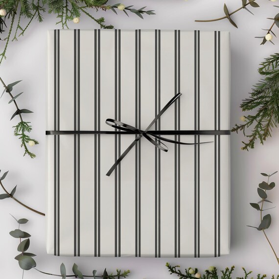 Minimalist Stripe Gift Wrap Roll | Vintage Ivory and Charcoal Striped Wrapping Paper
