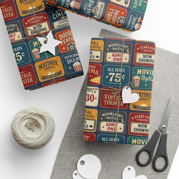 Retro Cinema Gift Wrap Roll | Movie Night Theme Wrapping Paper | Large-Scale Pattern