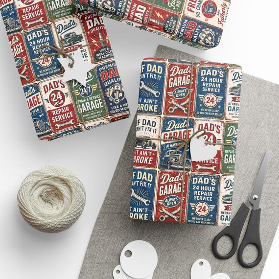 Retro Dad Fix It Gift Wrap Roll | Vintage Garage Sign Wrapping Paper | Large-Scale Pattern