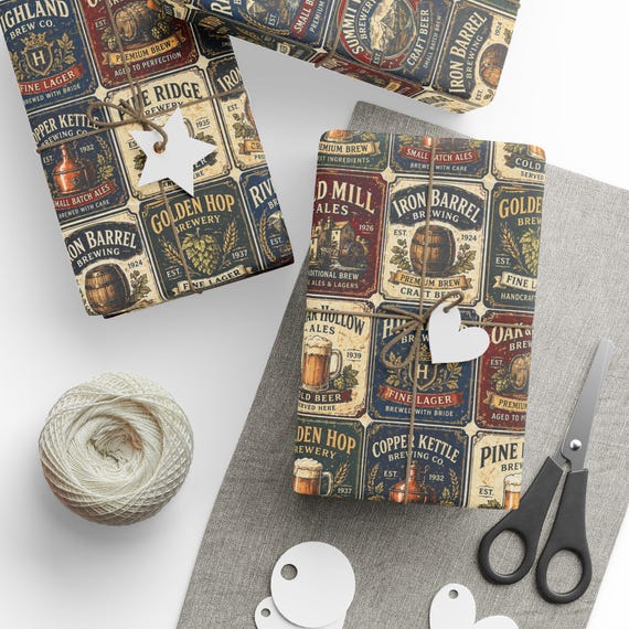 Vintage Beer Gift Wrap Roll | Retro Brewery Wrapping Paper | Large-Scale Pattern