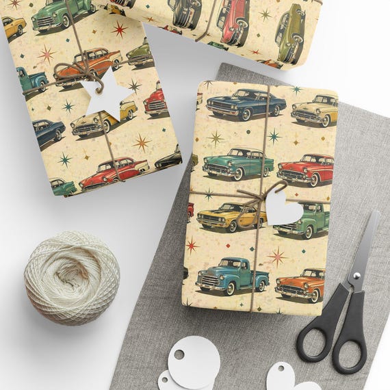 Retro Automobile Gift Wrap Roll | Vintage Car & Truck Wrapping Paper | Large-Scale Pattern