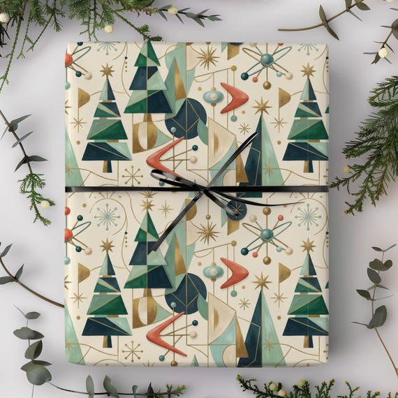 Atomic Christmas Trees Gift Wrap Roll | Mid-Century Retro Xmas Wrapping Paper | Atomic Holiday Collection