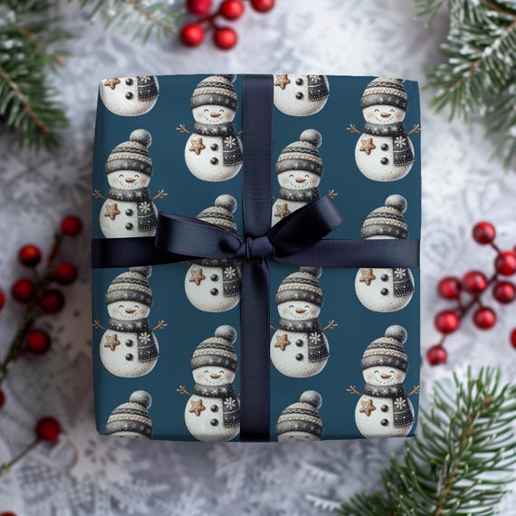 Storybook Snowman Wrapping Paper Roll | Blue Xmas Holiday Gift Wrap | Multiple Sizes