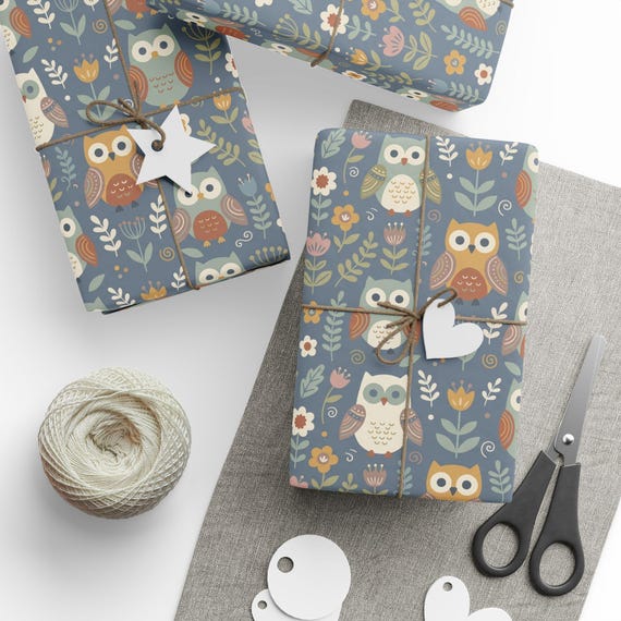 Mid Century Owl Floral Gift Wrap Roll | Whimsical Owls Wrapping Paper | Large-Scale Pattern